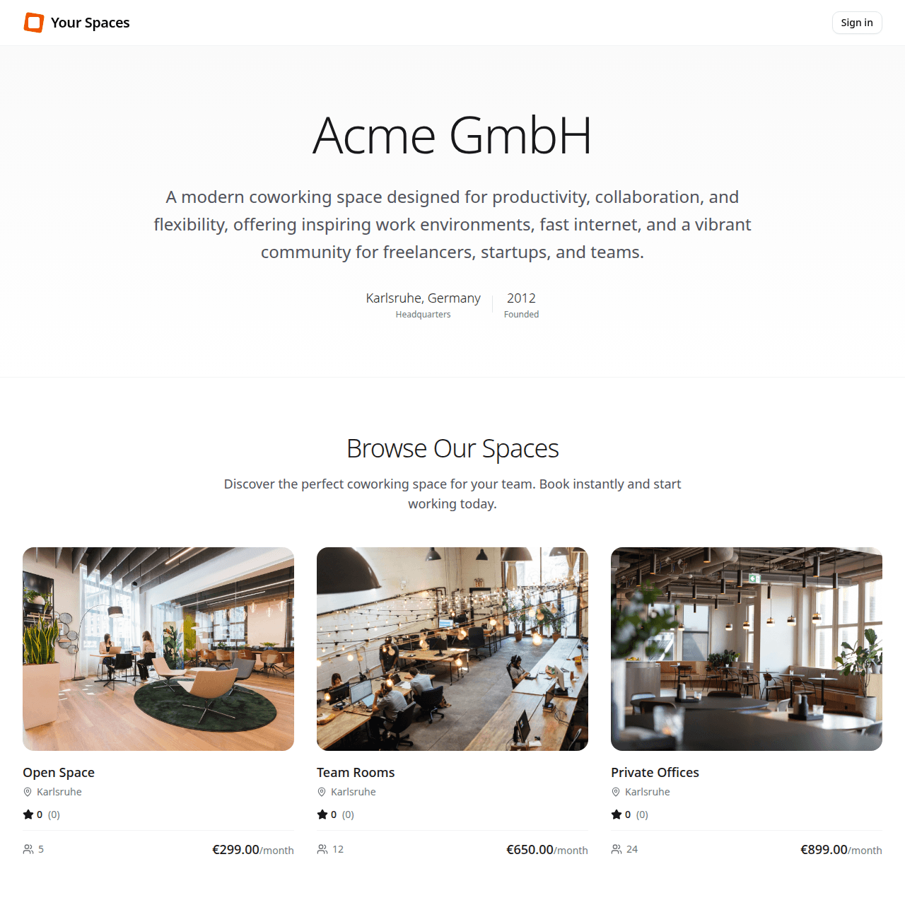 Example booking site showing Acme GmbH coworking spaces