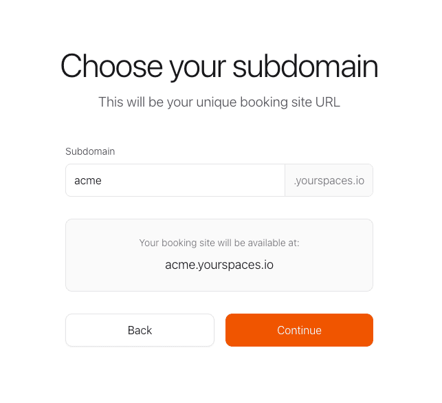 Choose subdomain interface showing custom URL selection