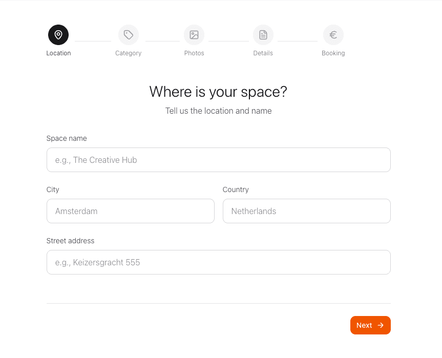 Create space form showing location and details